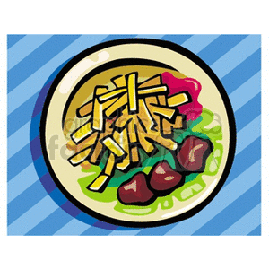 A clipart image of a plate with french fries, meatballs, ketchup, and lettuce on a striped blue background.