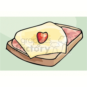 Clipart image of an open-faced sandwich with a slice of cheese, ham, and a tiny heart-shaped tomato slice on top.