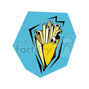 A stylized clipart image of a packet of French fries on a blue background.