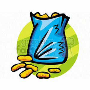 Clipart image of a blue snack bag with potato chips spilling out.