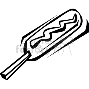 Black and white clipart image of a corndog on a stick