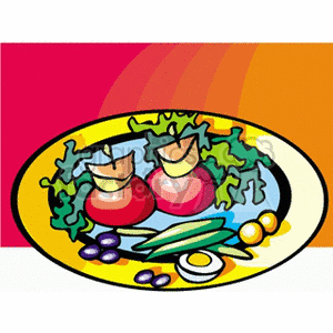 Colorful clipart image displaying a dinner plate with assorted foods including vegetables, eggs, and garnishes.