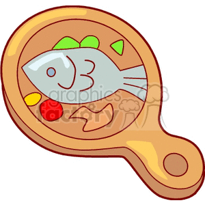 Clipart image of a fish on a cutting board with colorful vegetables, depicting a prepared dinner setting.