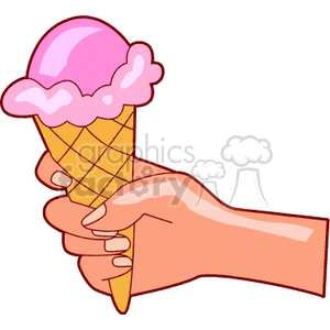 Clipart image of a hand holding a pink ice cream cone.