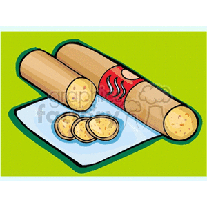 Clipart image of two sausages with a red label and a few slices placed on a white napkin against a green background.