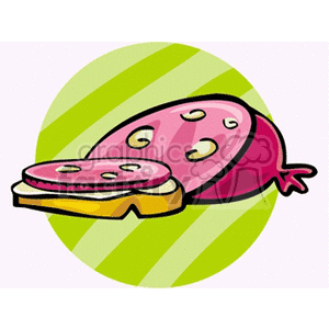 A clipart image featuring slices of bologna sausage, with one slice placed on a piece of bread. The background consists of a green circle with diagonal stripes.