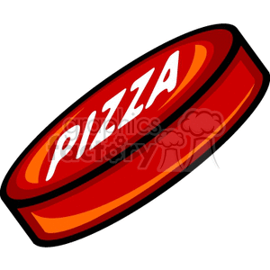 Clipart image of a round red object with the word 'PIZZA' written on it in bold white letters.