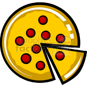 The clipart image depicts a whole pizza with one slice partially pulled away, indicating it is a single piece cut from the whole. The pizza is topped with several round, red pepperoni slices.