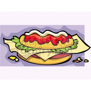 A colorful clipart illustration of a sandwich with lettuce, tomato, cheese, and mayonnaise.