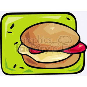 A clipart image of a sandwich with a bun, cheese, and a slice of tomato on a green background.