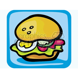 A colorful clipart image of a hamburger with a yellow bun, lettuce, tomato, cucumber, and a slice of boiled egg. The image is set within a square blue frame.