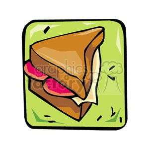 A cartoon-style clipart image of a sandwich with visible layers of bread, cheese, and tomatoes against a green background.