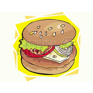 A colorful clipart image of a burger with lettuce, tomato, onion, and cheese in a bun with sesame seeds on a yellow abstract background.