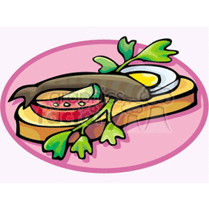 This clipart image depicts a stylized open-faced sandwich topped with a slice of tomato, a boiled egg, a piece of pickled herring, and garnished with parsley leaves, all set against a pink oval background.