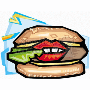 A vibrant and whimsical clipart image of a hamburger with a pair of red lips and teeth in the center, along with lettuce and cheese. The background features dynamic shapes and colors.