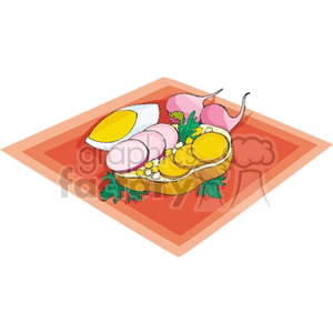 Clipart image of an open-faced sandwich with sliced meat, boiled egg, vegetables, and garnishes on a decorative napkin.