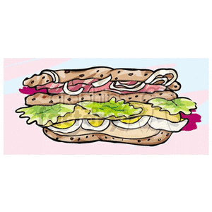 A colorful clipart image of a sandwich with various ingredients such as lettuce, tomato, cheese, and meat or egg slices, all layered between slices of bread.
