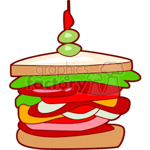 A colorful clipart image of a stacked sandwich with various ingredients such as lettuce, tomato, cheese, and meat, held together by a toothpick topped with green olives.