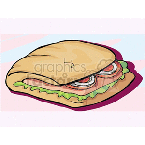 A clipart image of a sandwich with various ingredients such as lettuce, tomato, and onion between sliced bread.