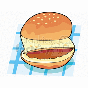 A clipart image of a hamburger on a blue checkered background. The hamburger has a sesame seed bun, cheese, and a beef patty.