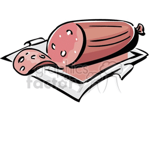A clipart image of a sliced sausage with a few slices laid out on a cutting board.