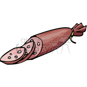 A clipart image of a sliced sausage with several slices cut off from the main piece.