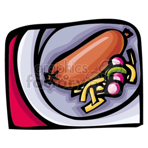 Clipart image of a sausage on a plate with some vegetables and garnish.