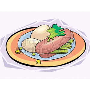 A colorful clipart image featuring a plate of food with sliced meat, eggs, greens, and other vegetables.