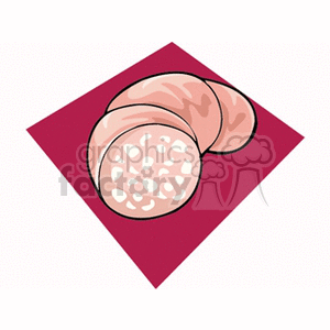 A clipart image of sliced sausage or salami, placed on a maroon background.