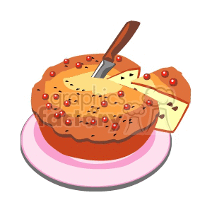 Clipart image of a round cake on a pink plate with a slice cut out and a knife resting on top. The cake is decorated with small red berries.