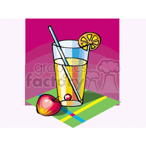 A colorful clipart image of a glass of juice with a straw and lemon slice, accompanied by an apple and a cherry.