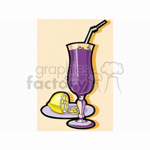 A clipart image of a purple cocktail in a tall glass with a straw, accompanied by sliced lemon on a plate.