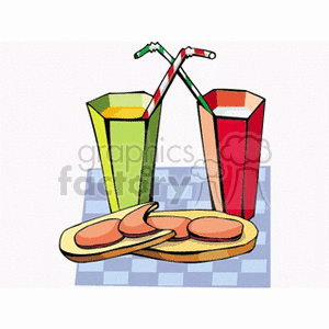 Illustration of two colorful glasses with straws on a checkered tablecloth, accompanied by a small plate of sliced snacks.