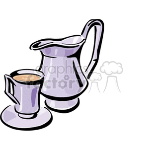 Clipart image of a cup filled with a hot beverage placed on a saucer next to a pitcher.