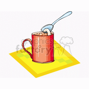 Clipart of a red cup with a steaming hot beverage and a spoon on a yellow mat.