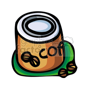 A clipart image of a coffee can with coffee beans around it.