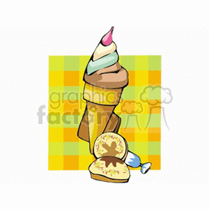 A clipart image featuring a colorful ice cream cone with several scoops and a dessert treat, set against a plaid background.