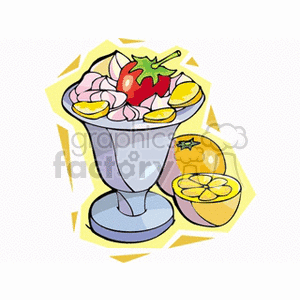 A colorful clipart image featuring a sundae glass filled with ice cream topped with a strawberry and banana slices, accompanied by a cut orange.