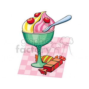 A colorful sundae in a green dish with cherries on top, accompanied by wrapped candies on a checkered cloth.