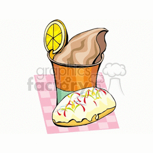 A clipart image featuring a dessert setting with an ice cream sundae in a cup garnished with a lemon slice, and a pastry topped with icing and colorful sprinkles.