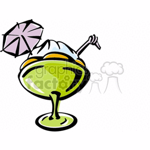 Clipart image of an ice cream sundae in a green glass with a small umbrella and a straw.