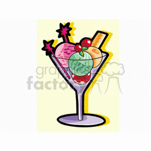 A colorful clipart illustration of a sundae in a tall glass with multiple scoops of ice cream, cherries on top, and decorative stirrers.