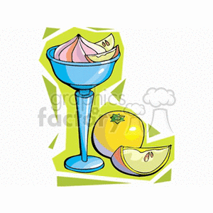 A colorful illustration of a dessert in a blue glass with a whole fruit and fruit slices.