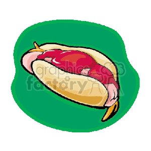 Illustration of a hotdog with ketchup in a bun on a green background.