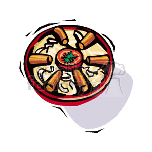 Clipart image of a plate with sausages arranged in a circle, garnished with a tomato slice and herbs.