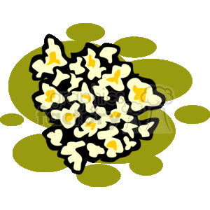 This clipart image depicts a pile of stylized popcorn kernels with some popped pieces showing a yellowish color, likely representing butter. The background is abstract with greenish blobs, perhaps suggesting a playful or casual setting, common for snack-related imagery.