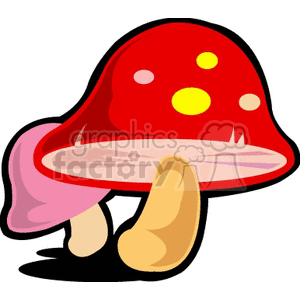 A colorful clipart image of a mushroom with a red cap featuring yellow spots, and a pink underside. The mushroom has a simplistic, cartoonish design with a thick black outline.