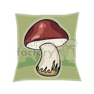 A clipart image of a mushroom with a brown cap and white stem against a green background.