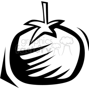 A black and white clipart image of a stylized tomato with a stem.