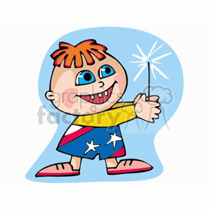 Cartoon of a child holding a sparkler, wearing patriotic USA-themed shorts, representing Independence Day.